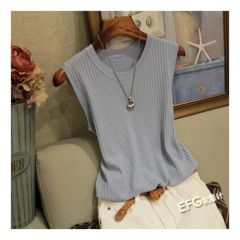 Blusa sem mangas de verão feminina, blusa de malha com gola redonda, roupas femininas, tops