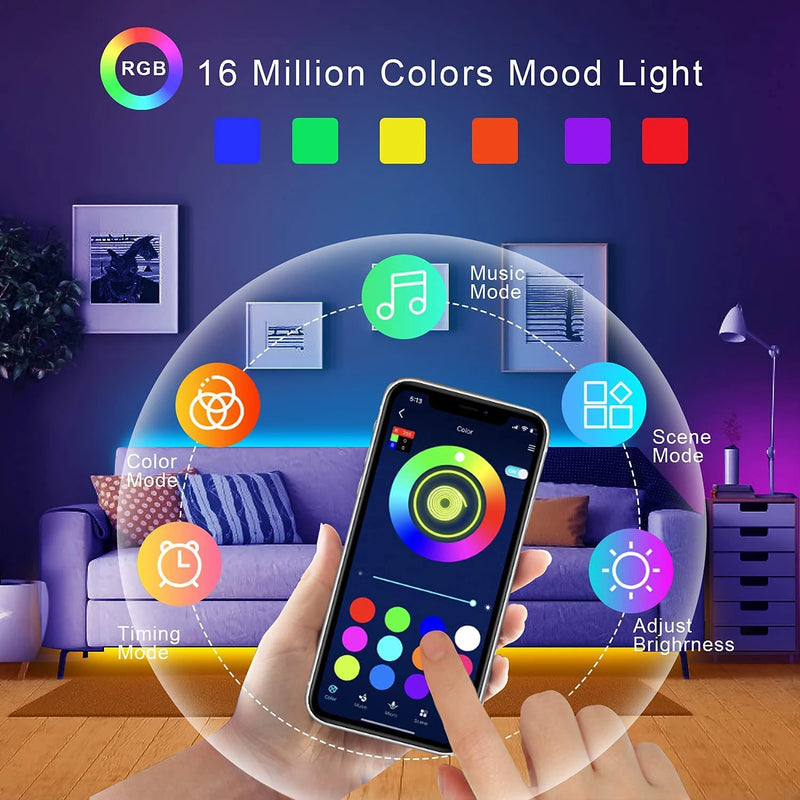 RGB LED Strip Lights com controle remoto, lâmpada de fita flexível, música Sync, USB, 5V, sala, festa, TV, mesa, decoração do quarto