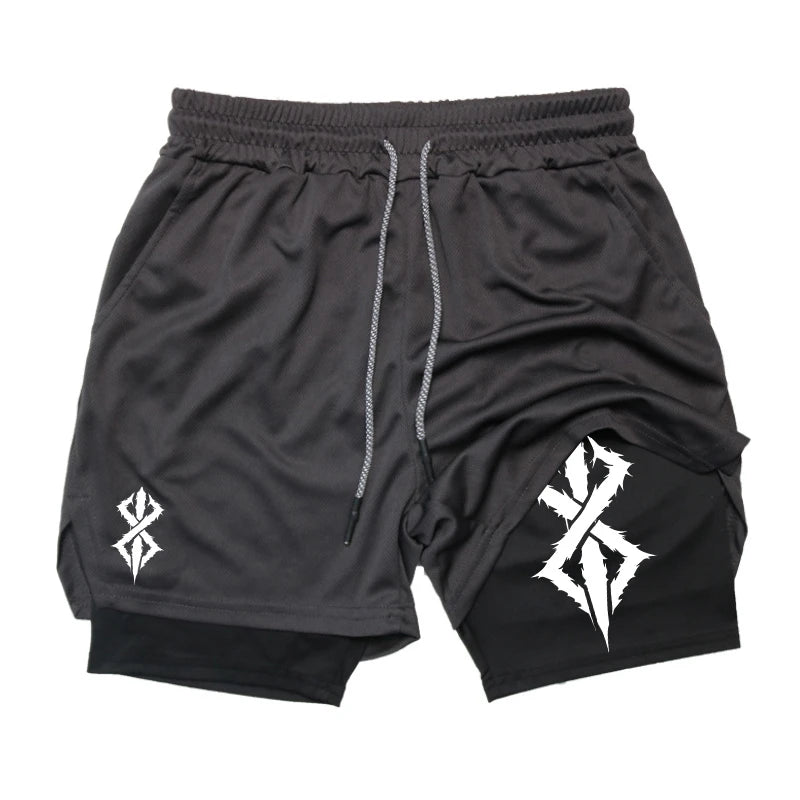 Calções Atléticos Masculinos de Verão, Secagem Rápida, Respirável, Ginásio, Treino, Corrida, Performance, Impressão com Bolso para Celular, 2 em 1