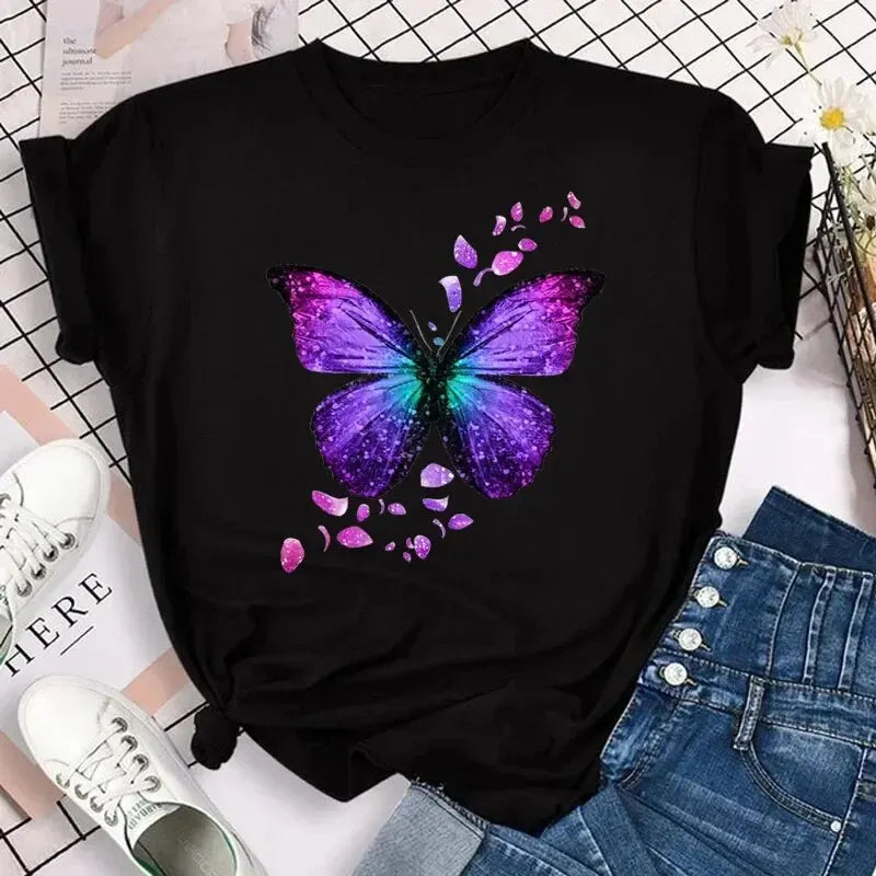 Camiseta colorida de pétala de borboleta feminina, manga curta, gola redonda, camisetas gráficas fofas, tops femininos, roupas da moda
