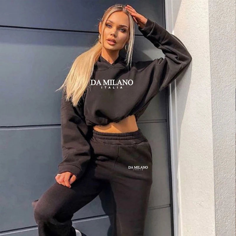 Top colheita moletom 2 pçs conjunto feminino diário casual esportes jogging terno moda urbana hoodies streetwear primavera ao ar livre roupas sexy