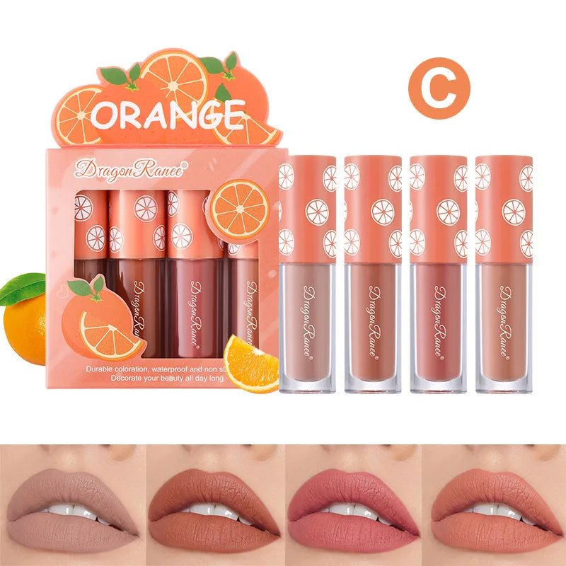 Mini veludo fosco lip gloss set, não-desbotamento, antiaderente copo, de longa duração, frutas perfumadas, suave e leve, 4 peças