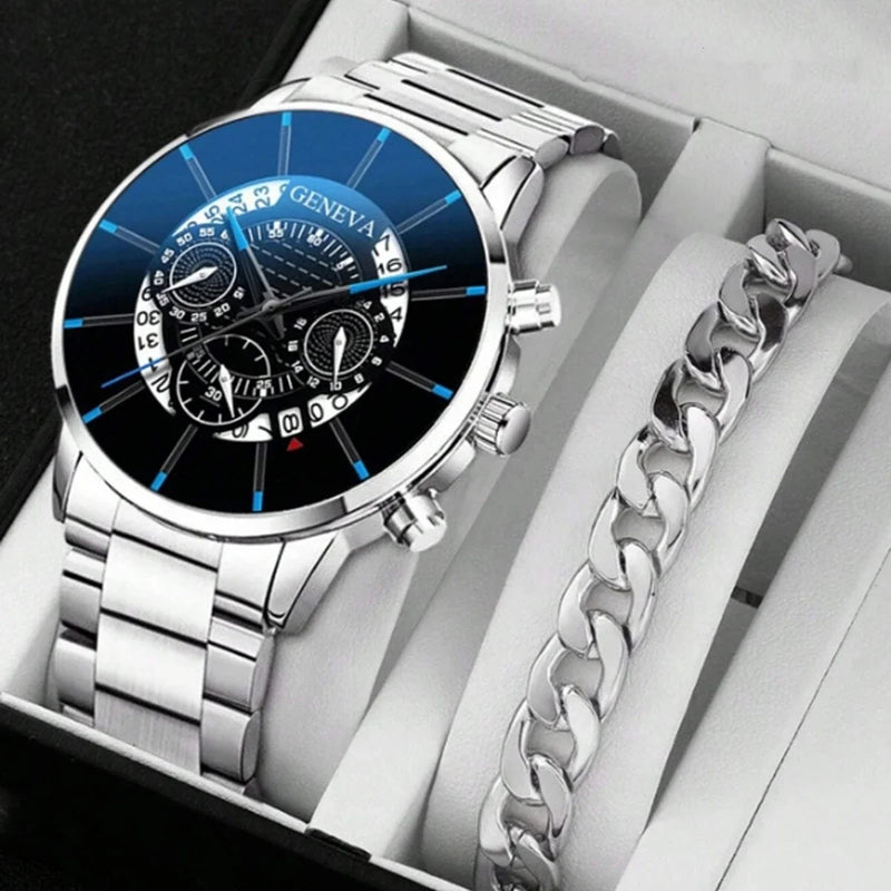 2 pçs de luxo masculino relógio de negócios calendário aço inoxidável grande dial relógios para homens moda esportes casual relógio de pulso quartzo