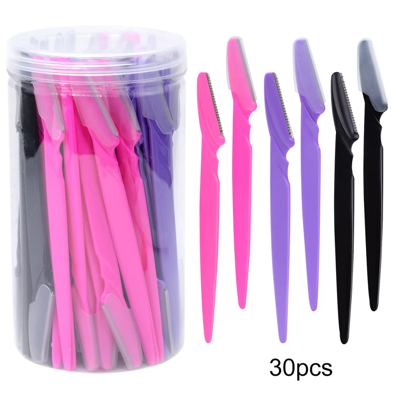 30 unidades/garrafa de lâminas de sobrancelha com recipiente, aparador de sobrancelhas faciais em estojo, remoção de pelos, lâminas seguras, ferramentas de corte