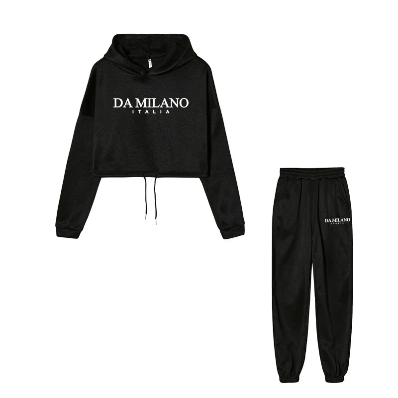 Top colheita moletom 2 pçs conjunto feminino diário casual esportes jogging terno moda urbana hoodies streetwear primavera ao ar livre roupas sexy
