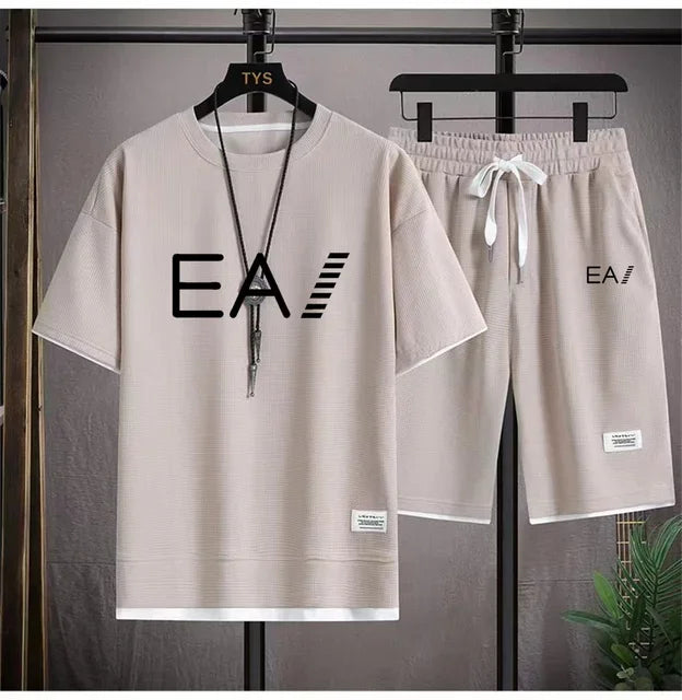Verão masculino de duas peças tecido de linho casual camiseta e agasalho masculino moda de manga curta