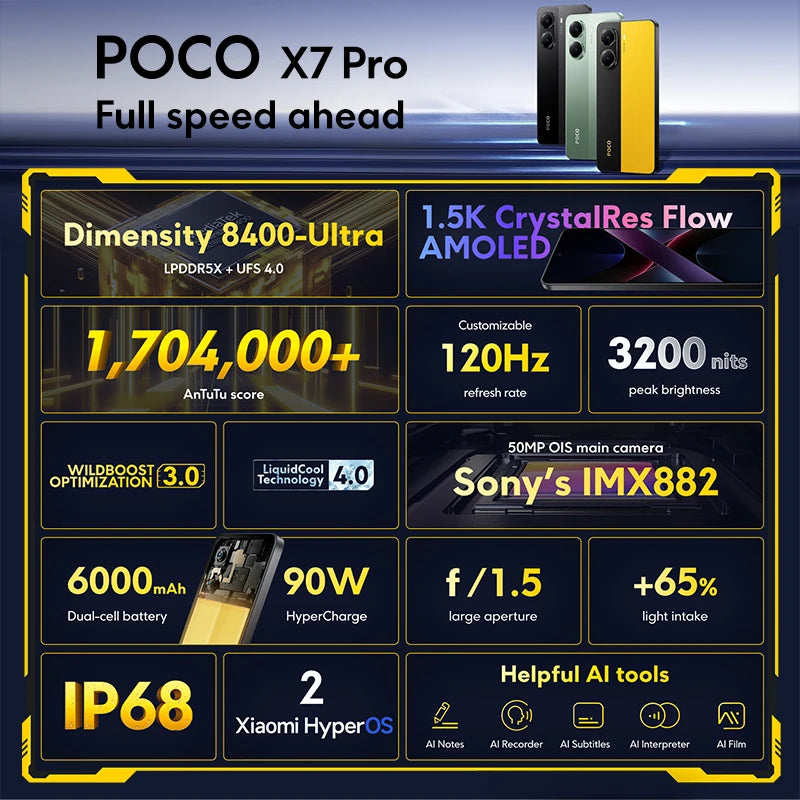 Novo POCO X7 Pro 5G Versão Global do Smartphone Dimensity 8400-Câmera Ultra 6000mAh 90W Carga 50MP com OIS 120Hz NFC