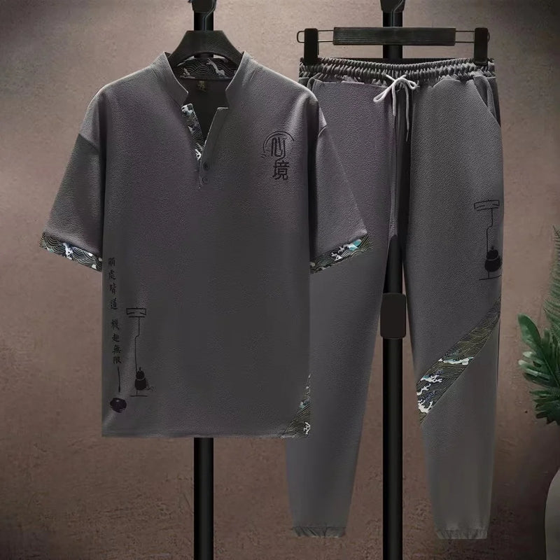 Conjunto de duas peças de seda gelo estilo retrô chinês masculino, conjunto solto, calça comprida de manga curta, moda esportiva casual, verão, novidade, 2025