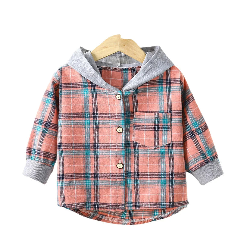 Camisas infantis com capuz, roupas infantis para meninos e meninas, camisas xadrez, casaco para primavera e outono, jaqueta de manga comprida, roupas de fundo
