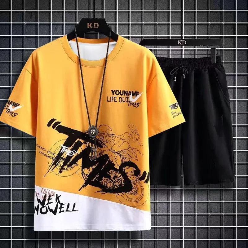 Conjunto masculino verão moda casual secagem rápida manga curta 3d impresso moda t camisa de poliéster + shorts conjunto de basquete