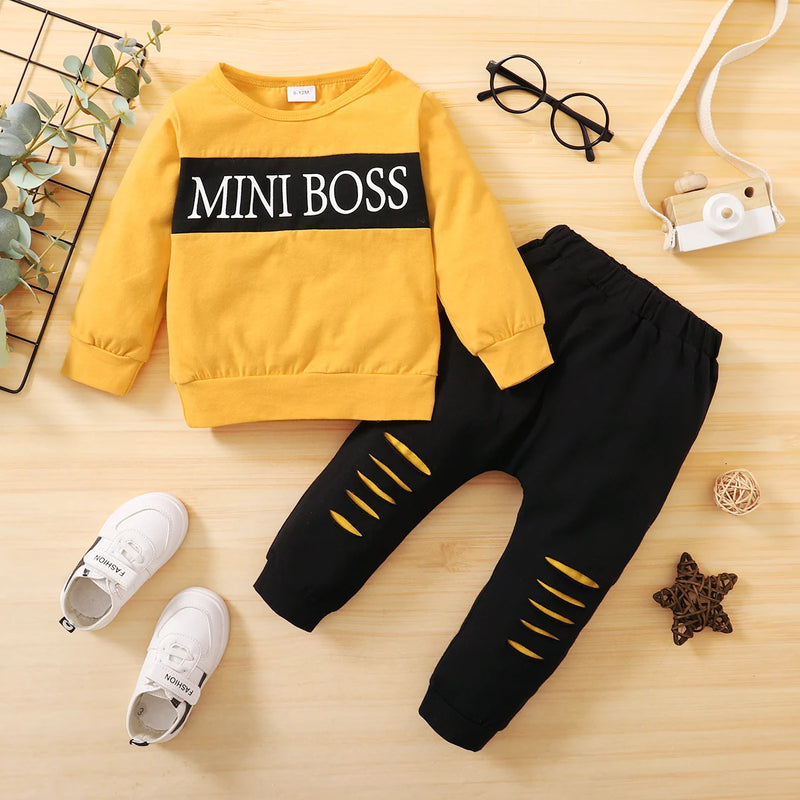 Roupas de bebê menino criança menino roupa terno carta impressão manga longa topo + calças 2 peças moda infantil primavera roupas esportivas