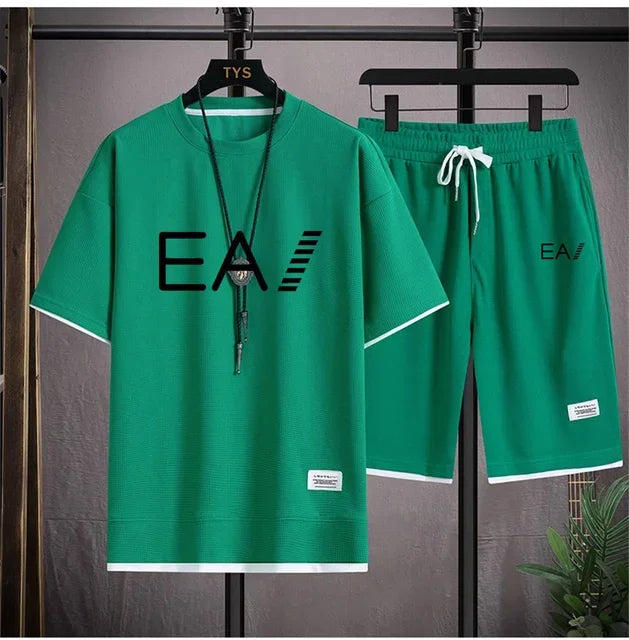 Verão masculino de duas peças tecido de linho casual camiseta e agasalho masculino moda de manga curta