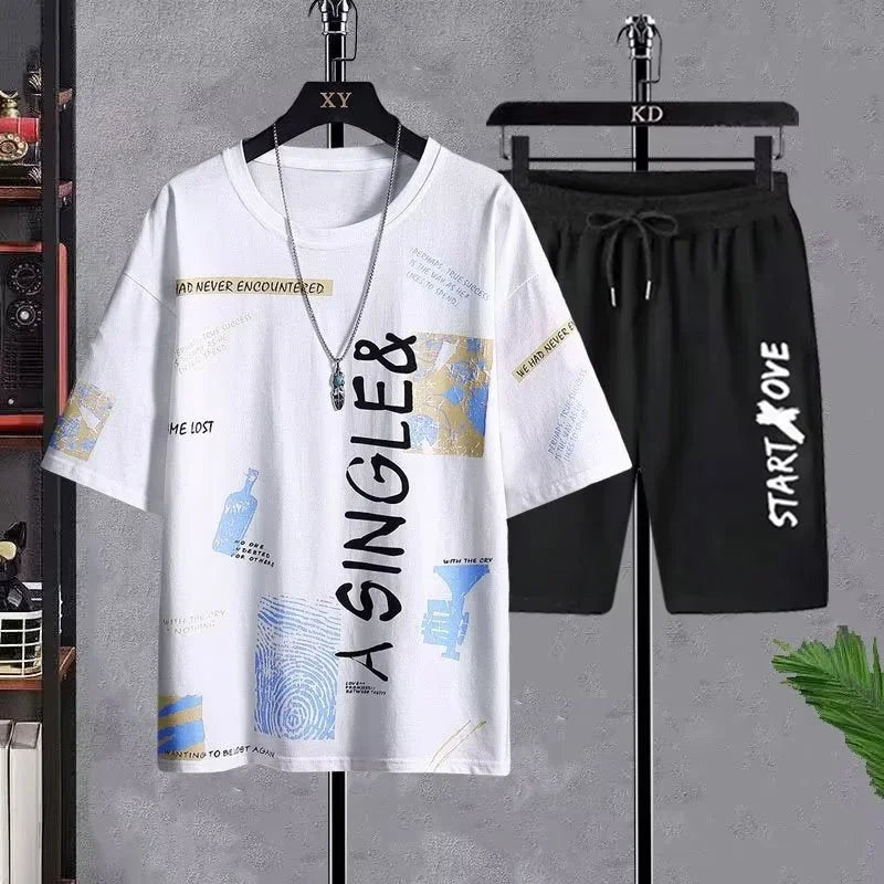 Conjunto masculino verão moda casual secagem rápida manga curta 3d impresso moda t camisa de poliéster + shorts conjunto de basquete