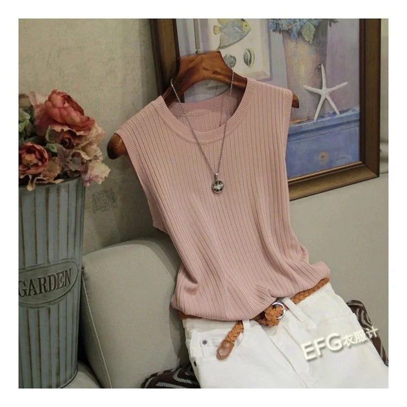 Blusa sem mangas de verão feminina, blusa de malha com gola redonda, roupas femininas, tops