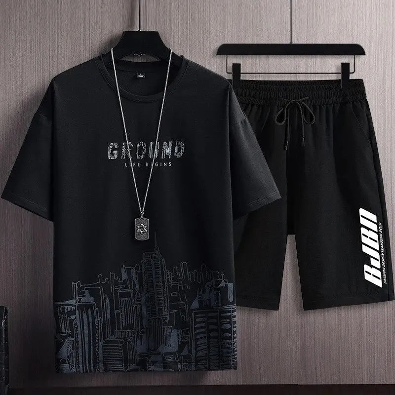 Conjunto de t-shirt de mangas curtas para homens New Summer City Print Moda Tendência Slim-Fit Plus Size Sports Two-Piece Set