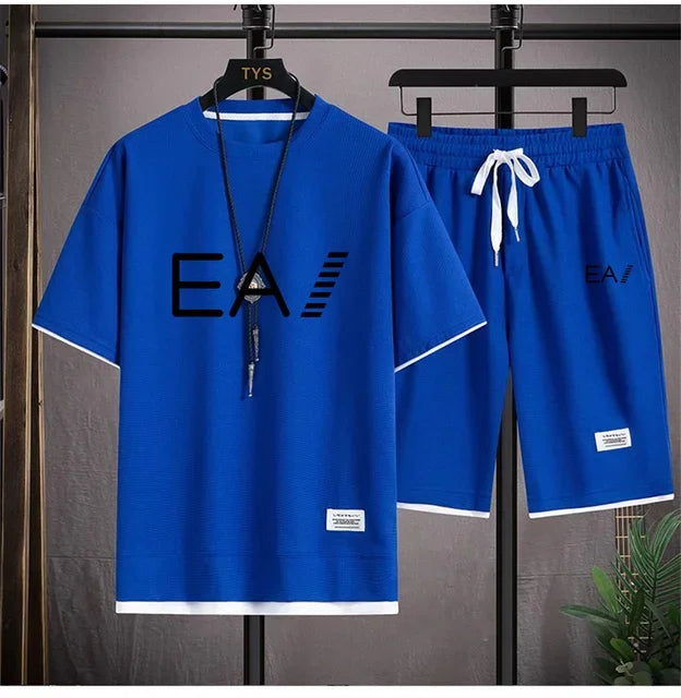 Verão masculino de duas peças tecido de linho casual camiseta e agasalho masculino moda de manga curta