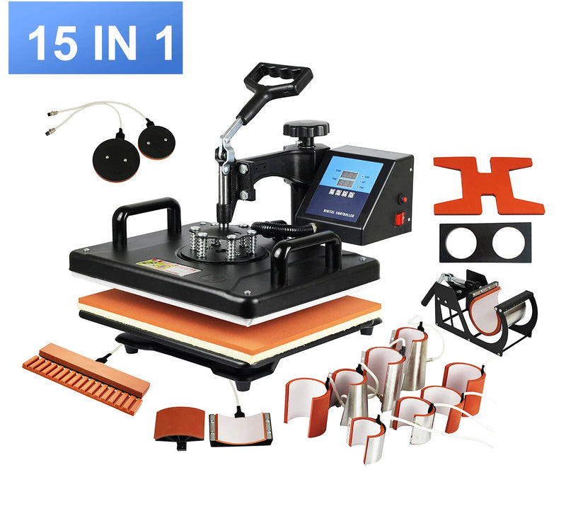 15 em 1 combo muntifuncional sublimação máquina de imprensa térmica tshirt impressora de transferência de calor para caneca/boné/futebol/garrafa/caneta/sapatos