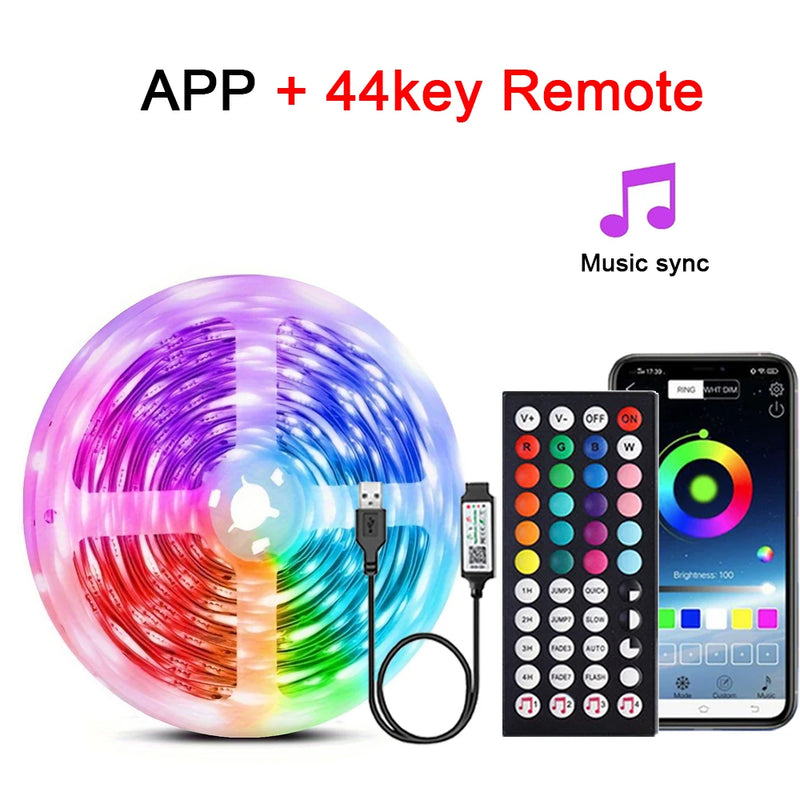 RGB LED Strip Lights com controle remoto, lâmpada de fita flexível, música Sync, USB, 5V, sala, festa, TV, mesa, decoração do quarto