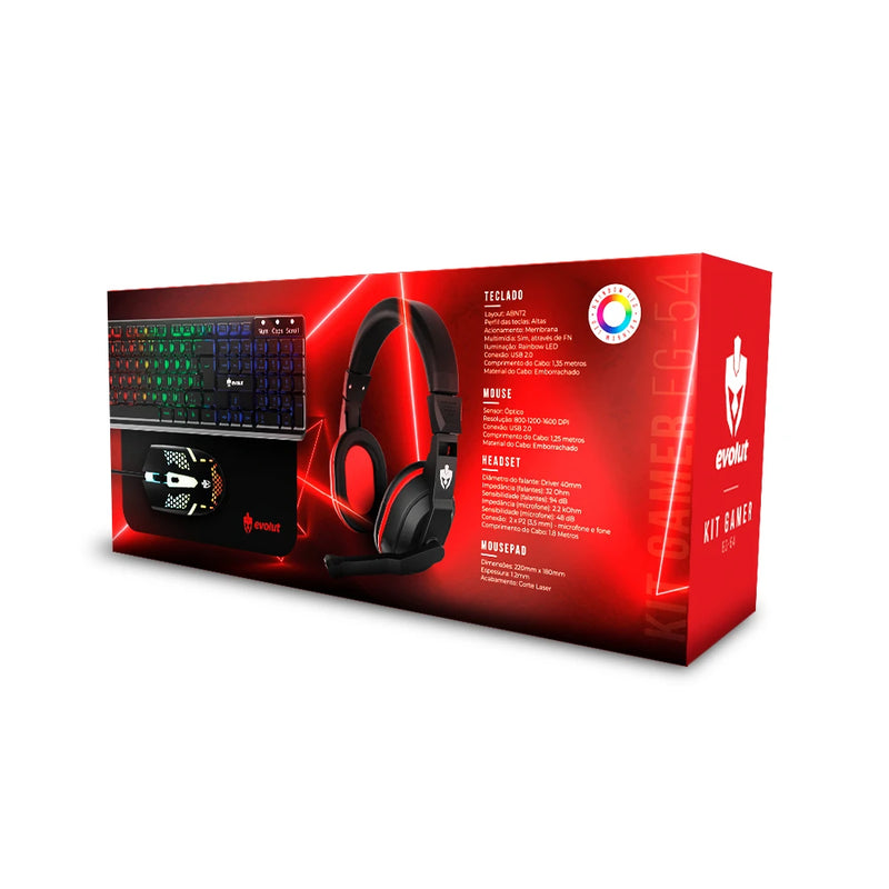 Kit Gamer Evolut Teclado + Mouse + Headset + Mousepad