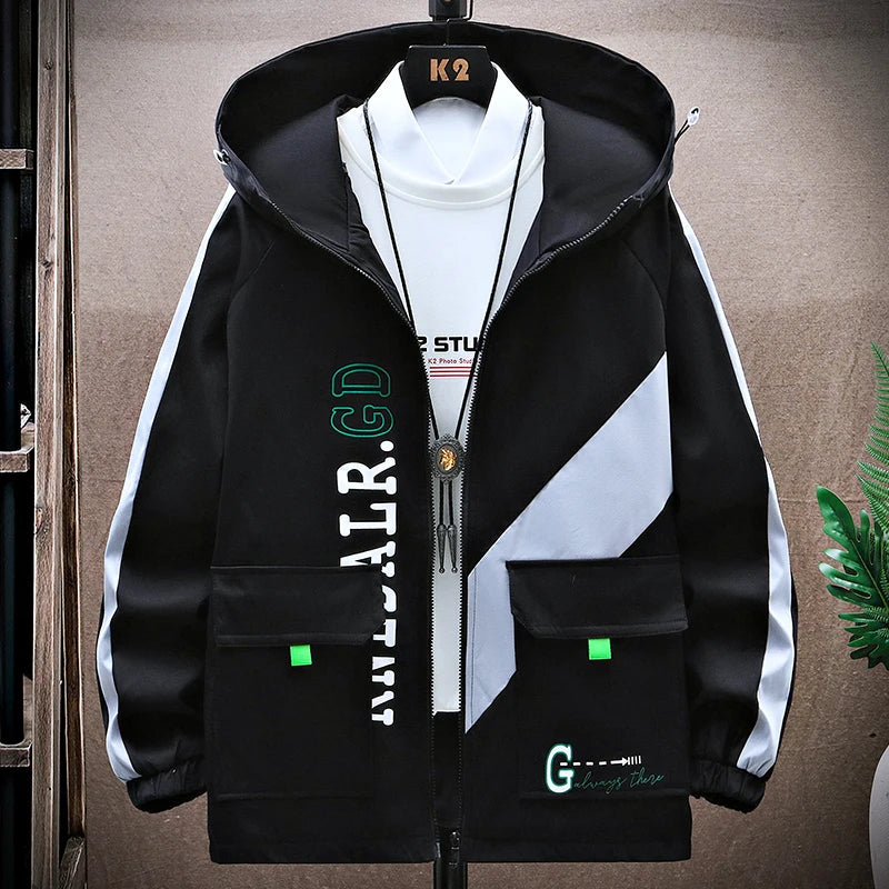 Jaqueta de zíper justa com capuz masculina, corta-vento, moda casual, primavera e outono, novo estilo, 2024