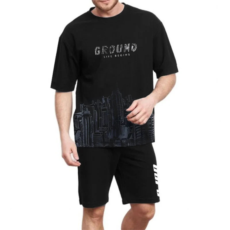 Conjunto de t-shirt de mangas curtas para homens New Summer City Print Moda Tendência Slim-Fit Plus Size Sports Two-Piece Set