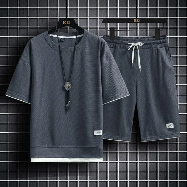 Novo terno de verão waffle masculino 2025 casual camiseta + shorts terno agasalho masculino cor sólida terno solto