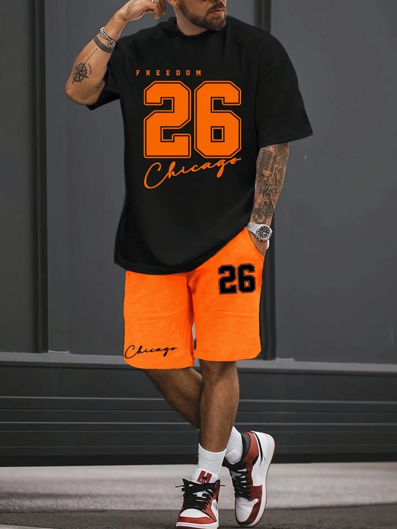 Trendy moda terno masculino 26 número padrão estampado em gola redonda short manga curta moda casual confortável e respirável