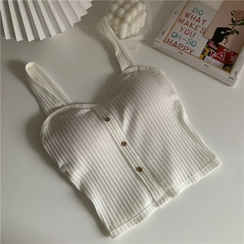 Tops recortados femininos com almofadas de sutiã verão espartilho suspensórios coreanos colete sexy camisola magro