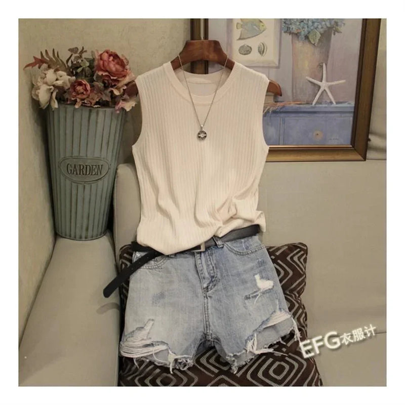 Blusa sem mangas de verão feminina, blusa de malha com gola redonda, roupas femininas, tops