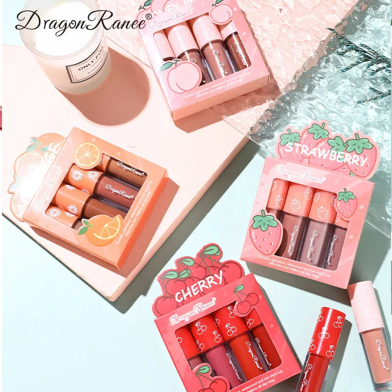 Mini veludo fosco lip gloss set, não-desbotamento, antiaderente copo, de longa duração, frutas perfumadas, suave e leve, 4 peças