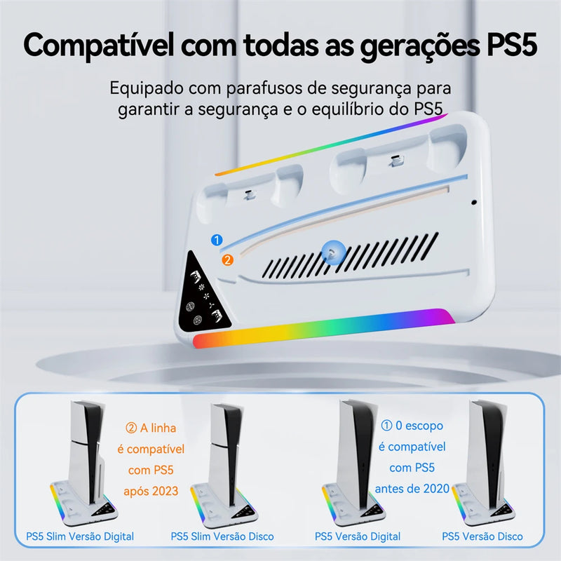 Suporte de resfriamento RGB para console PS5 Slim Base de carregamento de gamepad Gancho para fone de ouvido Rack de armazenamento de CD de jogos para PS5 Disc&Digital