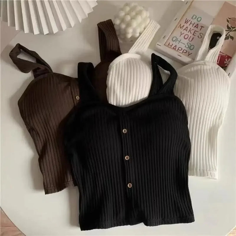Tops recortados femininos com almofadas de sutiã verão espartilho suspensórios coreanos colete sexy camisola magro