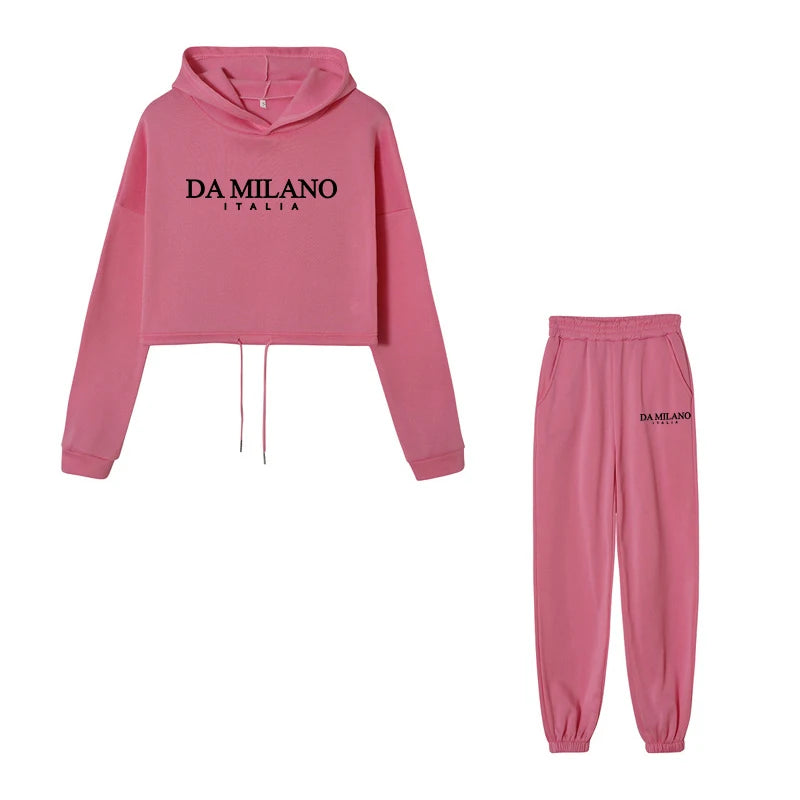 Top colheita moletom 2 pçs conjunto feminino diário casual esportes jogging terno moda urbana hoodies streetwear primavera ao ar livre roupas sexy