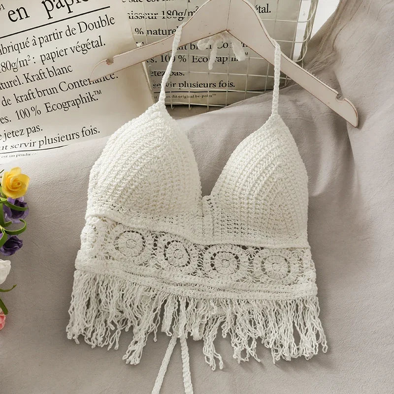 Mulheres praia colheita topos oco cover-ups perspectiva borla sexy cinta de espaguete swinwear sutiã embutido backlless halter pescoço