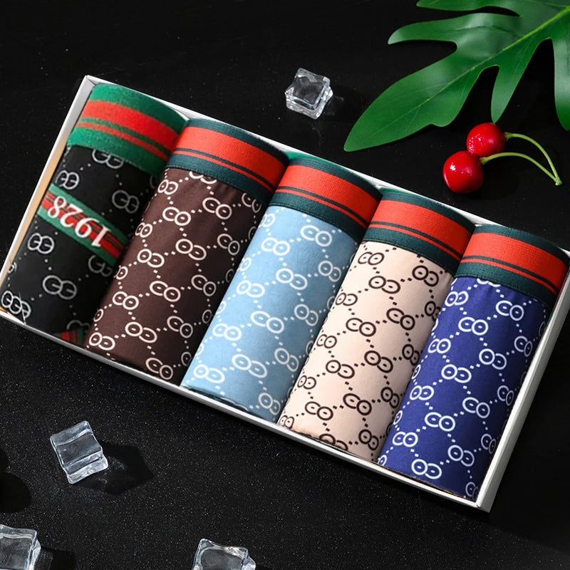 Boxer convexo respirável U dos homens, roupa interior confortável, shorts estampados, calcinha masculina, cuecas plus size, 5 peças por lote