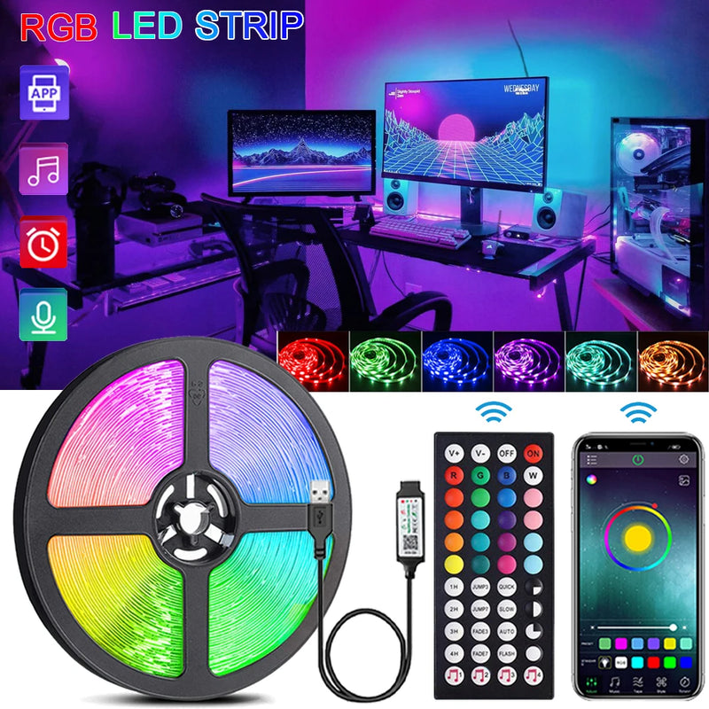 RGB LED Strip Lights com controle remoto, lâmpada de fita flexível, música Sync, USB, 5V, sala, festa, TV, mesa, decoração do quarto