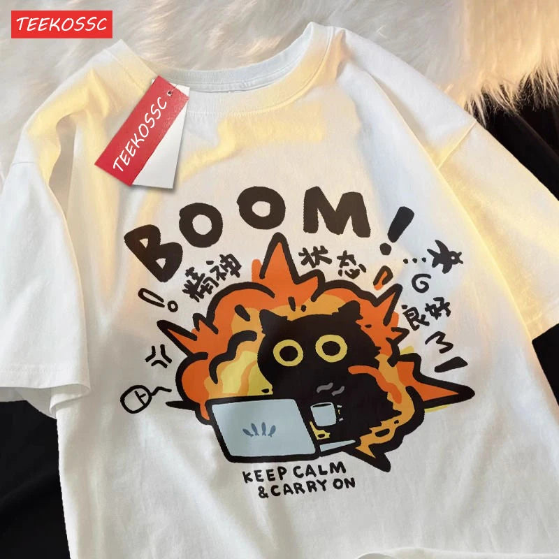 Bom estado mental puro algodão manga curta camiseta para homens mulheres 2024 verão nova camiseta roupas soltas casuais dos desenhos animados topo de grandes dimensões
