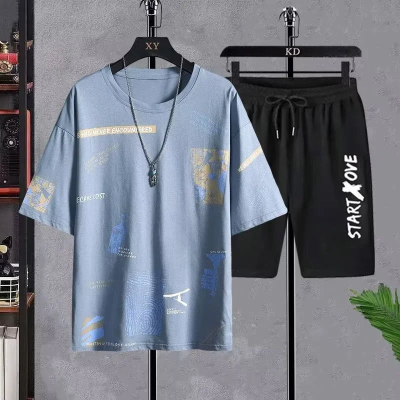 Conjunto masculino verão moda casual secagem rápida manga curta 3d impresso moda t camisa de poliéster + shorts conjunto de basquete