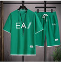 Verão masculino de duas peças tecido de linho casual camiseta e agasalho masculino moda de manga curta
