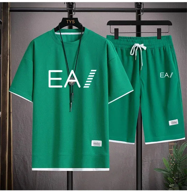 Verão masculino de duas peças tecido de linho casual camiseta e agasalho masculino moda de manga curta
