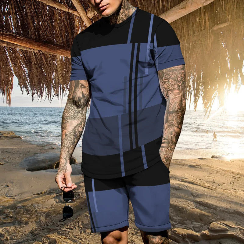 Verão novos conjuntos de listra de roupas esportivas masculinas de manga curta camiseta terno shorts de grandes dimensões esportes roupa de duas peças roupas masculinas topos